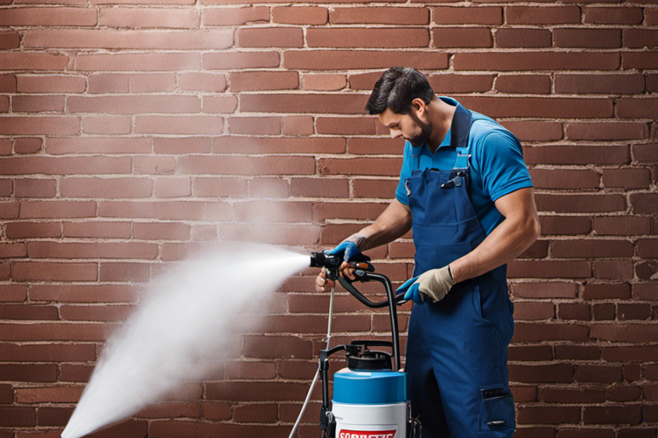 An image showcasing an airless sprayer in action, with a skilled painter effortlessly coating a brick wall with smooth, even strokes