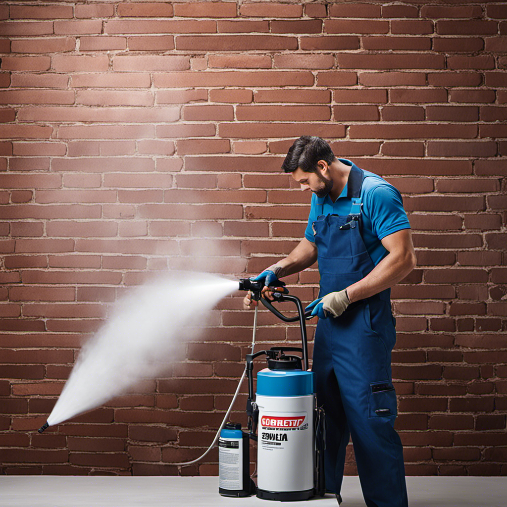 An image showcasing an airless sprayer in action, with a skilled painter effortlessly coating a brick wall with smooth, even strokes