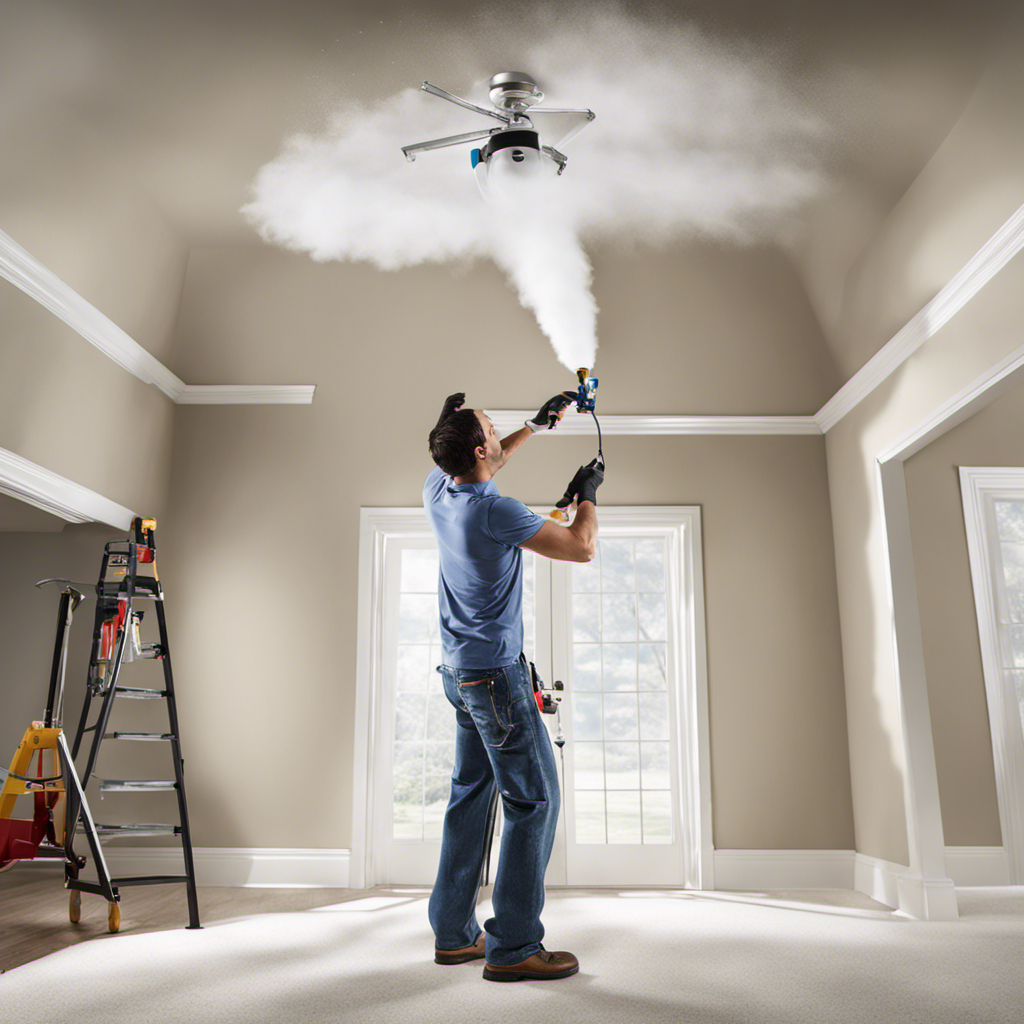 An image showcasing a professional painter effortlessly spraying a ceiling with an airless sprayer, capturing the fine mist of paint particles evenly covering the surface, while highlighting the tool's convenience, precision, and time-saving benefits