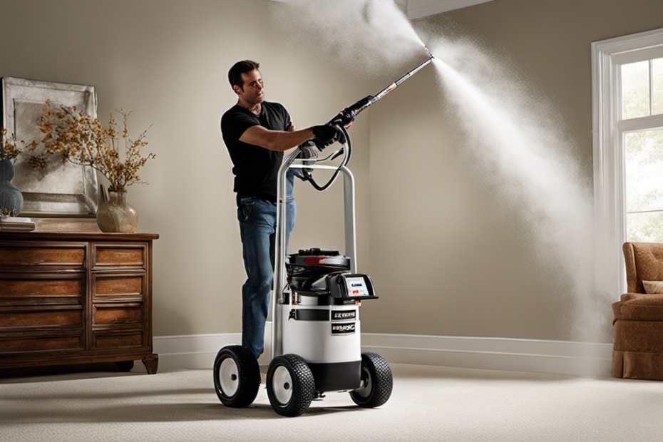 An image showcasing a professional-grade airless sprayer, with latex paint smoothly flowing through its nozzle