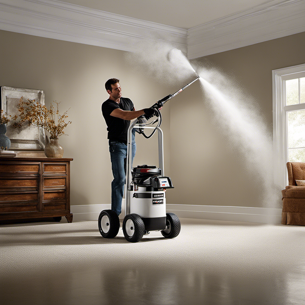 An image showcasing a professional-grade airless sprayer, with latex paint smoothly flowing through its nozzle