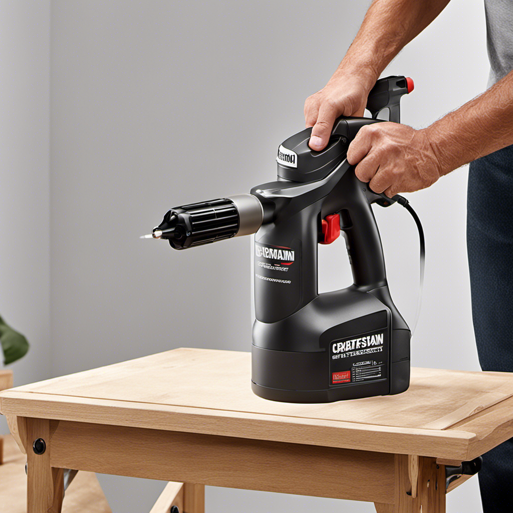 An image showcasing a skilled craftsman effortlessly spraying a flawless coat of paint onto a variety of surfaces using the powerful electric paint sprayer