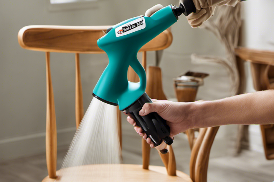 An image showcasing a sleek, handheld paint sprayer effortlessly coating a wooden chair with a smooth, even layer of paint
