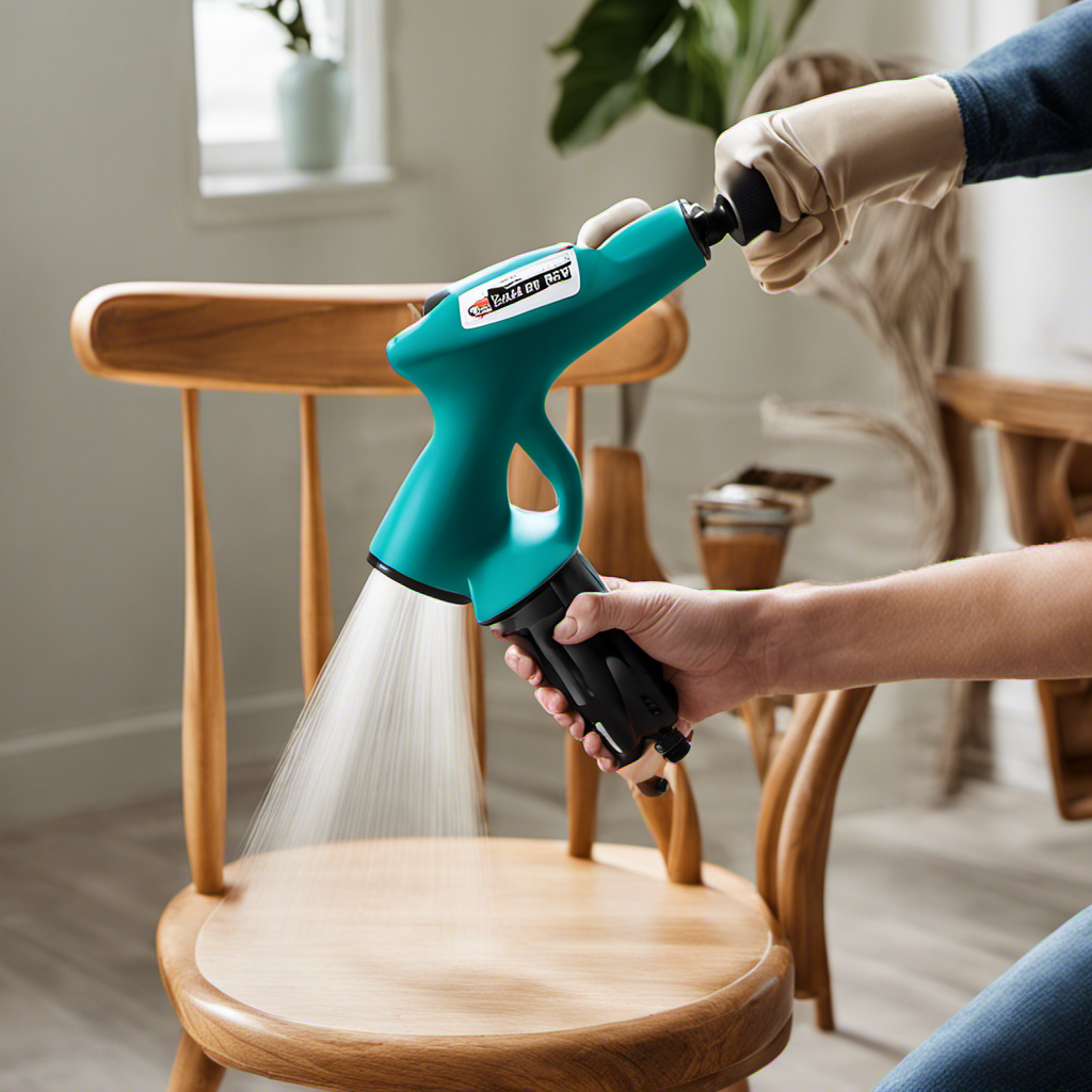 An image showcasing a sleek, handheld paint sprayer effortlessly coating a wooden chair with a smooth, even layer of paint