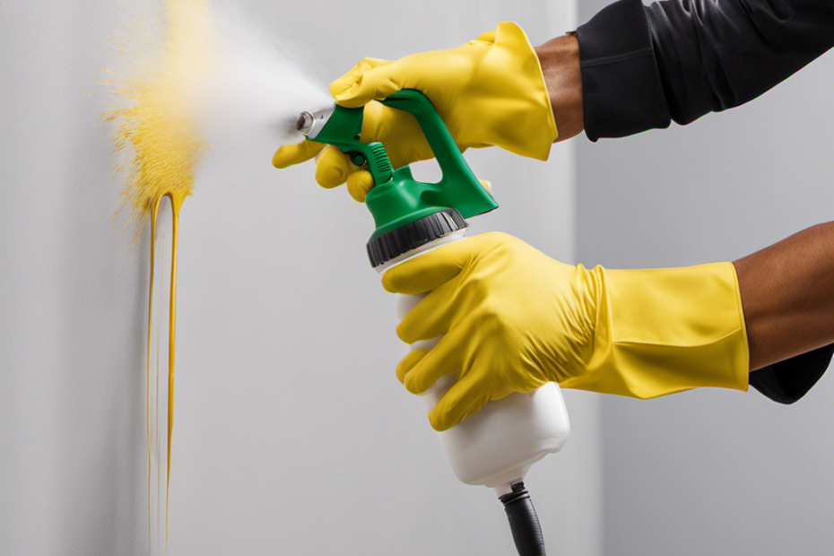 An image capturing the precise moment when a gloved hand, holding an airless sprayer, expertly glides along a wall, releasing a fine mist of paint