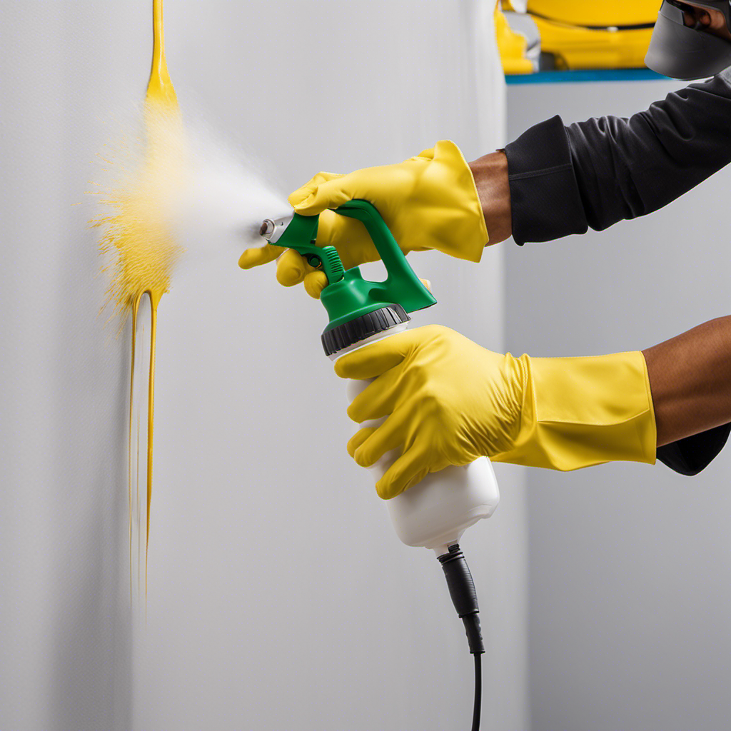 An image capturing the precise moment when a gloved hand, holding an airless sprayer, expertly glides along a wall, releasing a fine mist of paint