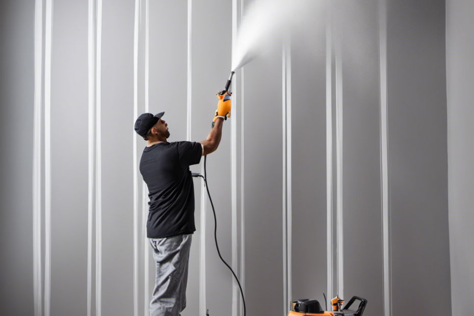 An image showcasing a skilled painter using an airless paint sprayer, smoothly coating a wall with even strokes