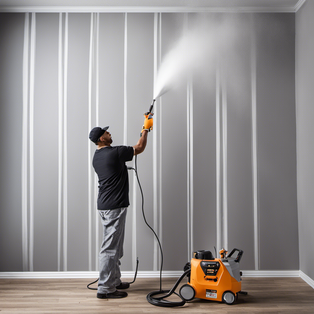 An image showcasing a skilled painter using an airless paint sprayer, smoothly coating a wall with even strokes