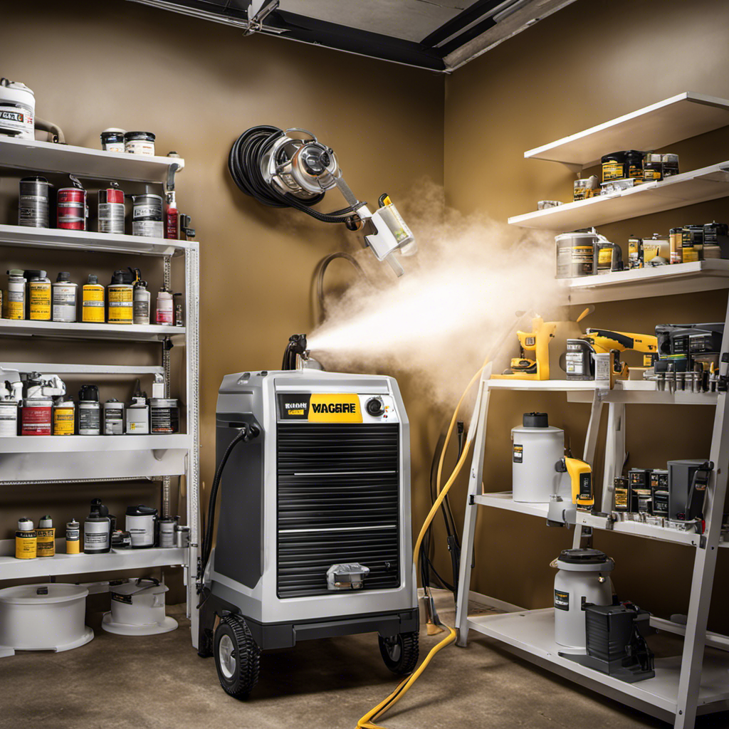 An image depicting a well-lit workspace with a Wagner airless paint sprayer at the center