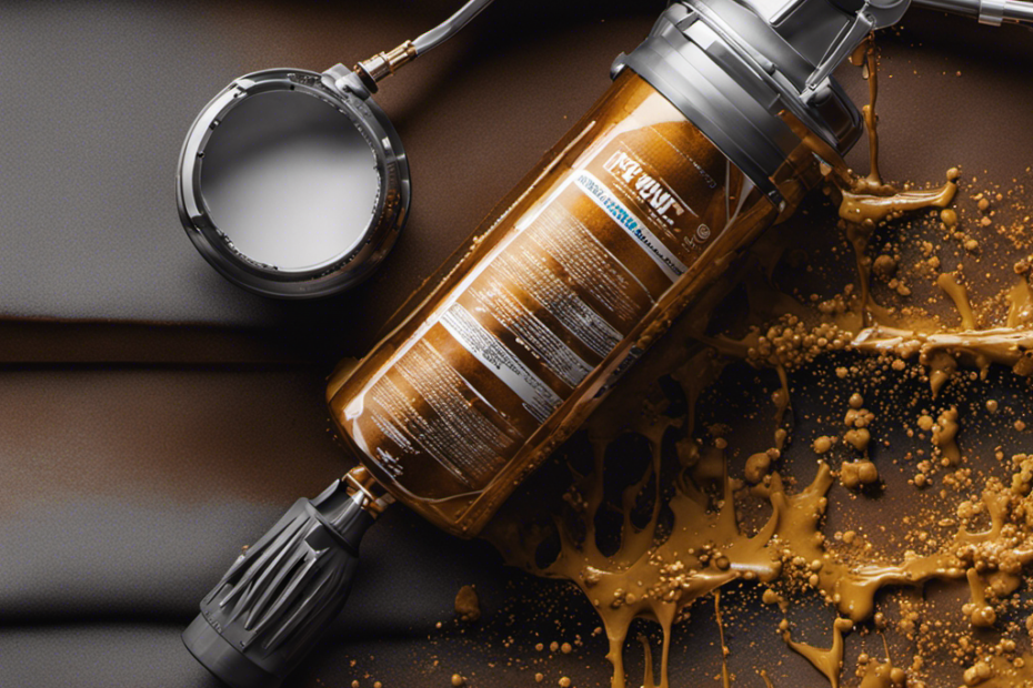 An image that showcases an airless sprayer left unattended overnight, with thick globs of dried paint clinging to the nozzle, clogging the filter, and oozing down the sides, emphasizing the disastrous consequences of neglecting proper maintenance