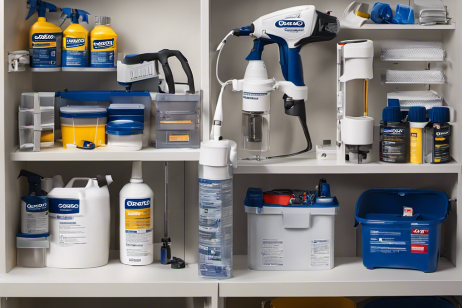 An image showcasing a well-lit, organized workspace with a Graco TrueCoat 2 Paint Sprayer meticulously cleaned and stored