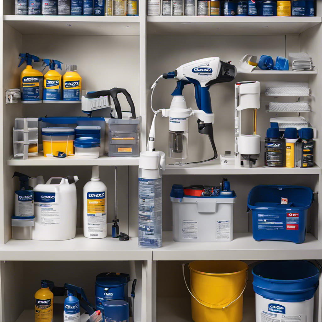An image showcasing a well-lit, organized workspace with a Graco TrueCoat 2 Paint Sprayer meticulously cleaned and stored