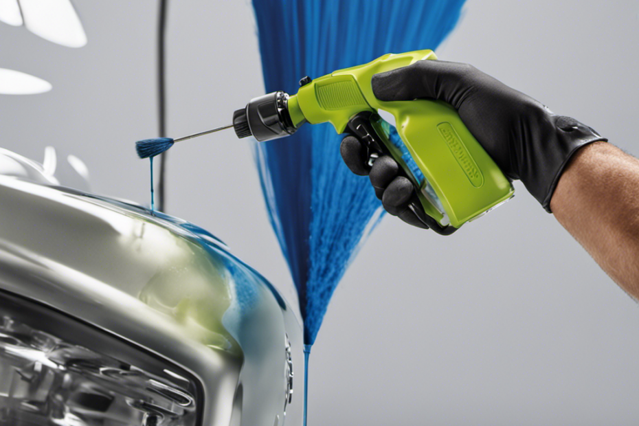 An image capturing a close-up of an airless paint sprayer's nozzle, glistening with fresh paint particles, while a gloved hand gently cleans it with a specialized brush, ensuring optimal performance and longevity