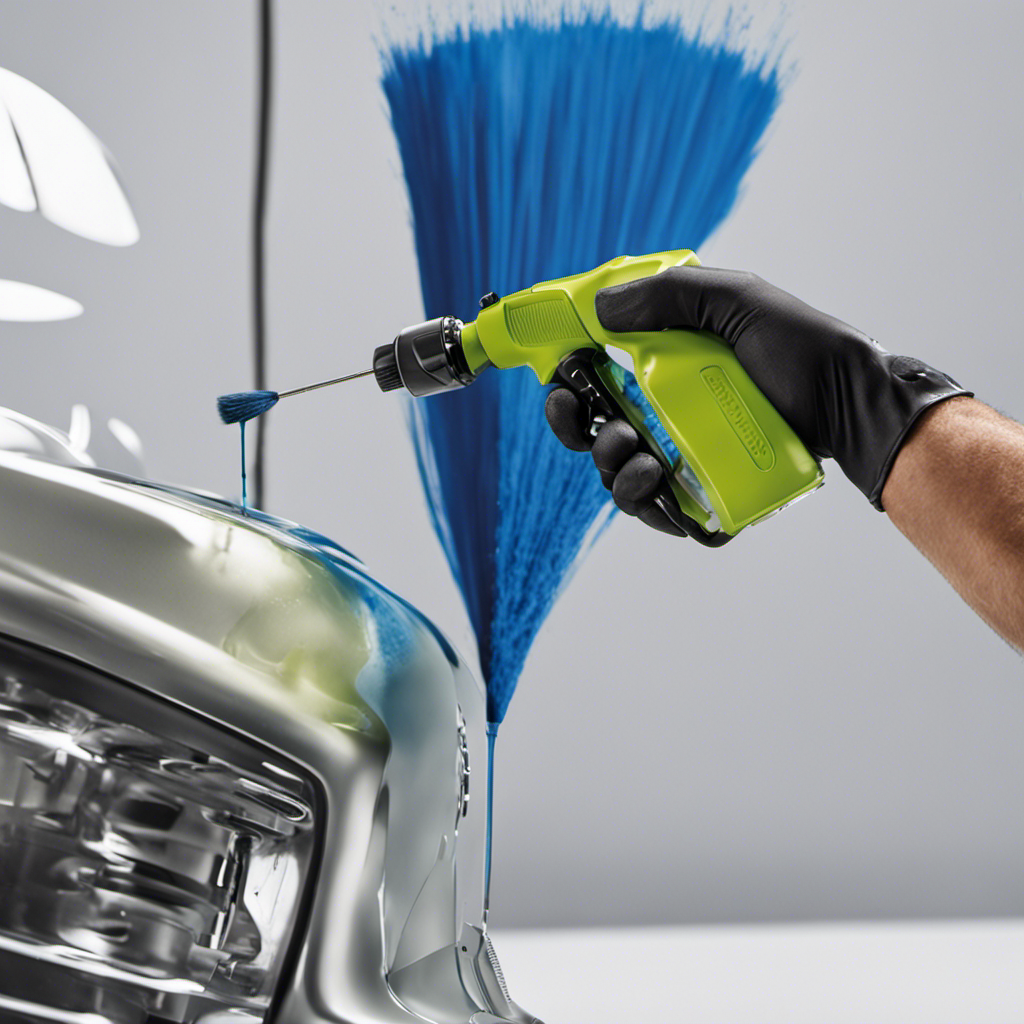 An image capturing a close-up of an airless paint sprayer's nozzle, glistening with fresh paint particles, while a gloved hand gently cleans it with a specialized brush, ensuring optimal performance and longevity