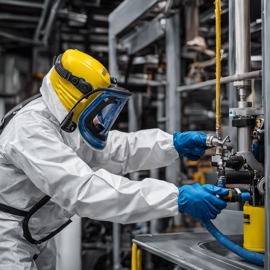 An image depicting a person wearing protective gear, with gloved hands carefully disconnecting the paint sprayer hose from the machine, ensuring the pressure is released and following all safety guidelines