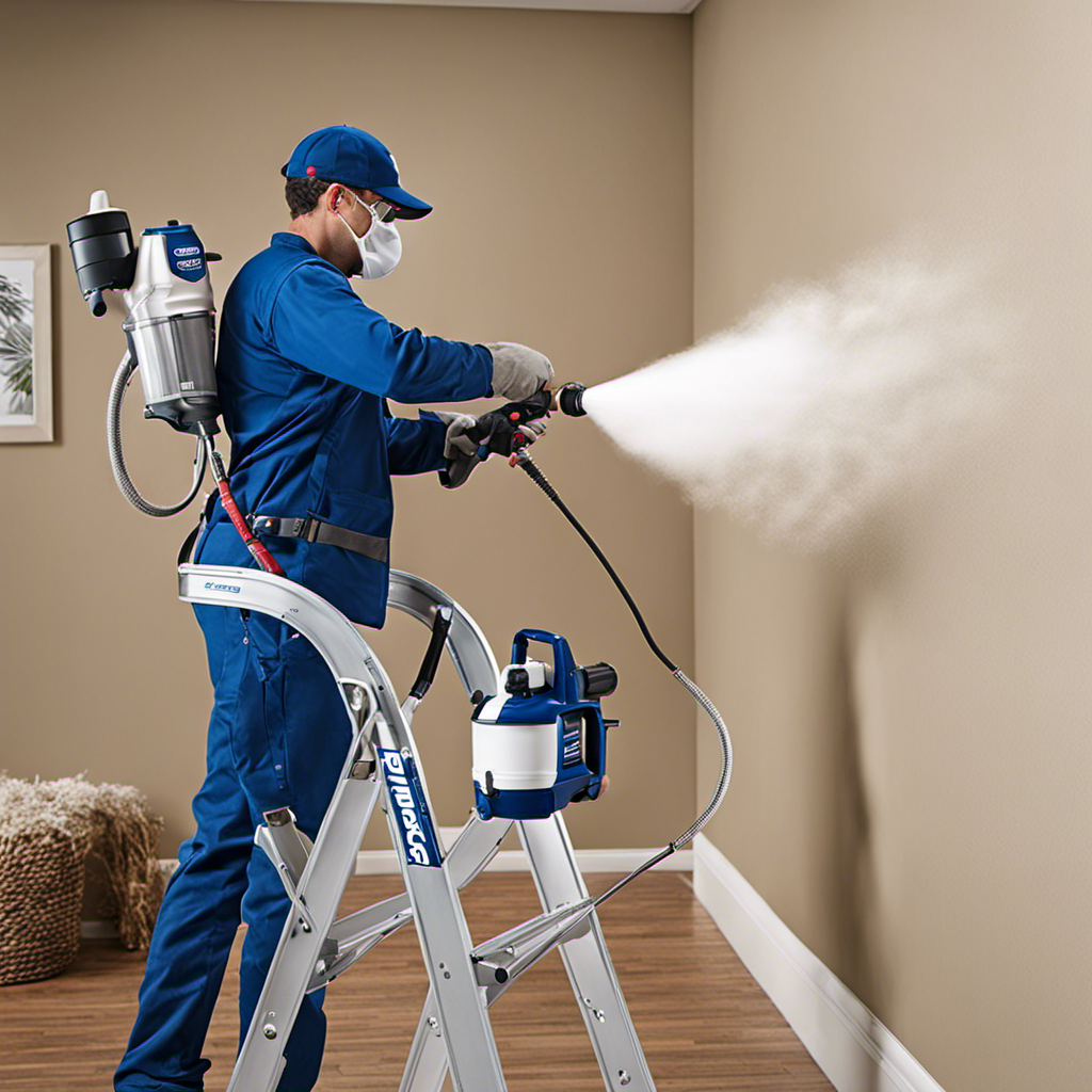 An image showcasing the Graco Magnum X5 Airless Paint Sprayer in action: a skilled DIY enthusiast effortlessly spraying a smooth coat of paint on a wall, highlighting its versatility and precision