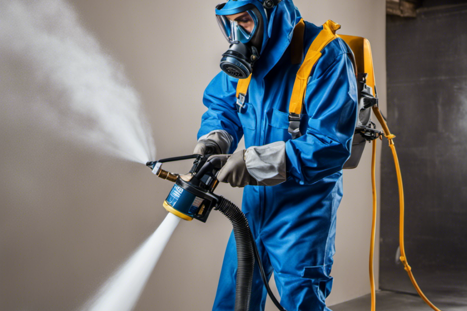 An image depicting a person wearing a full-face respirator, safety goggles, gloves, and a protective suit, while confidently operating an airless paint sprayer