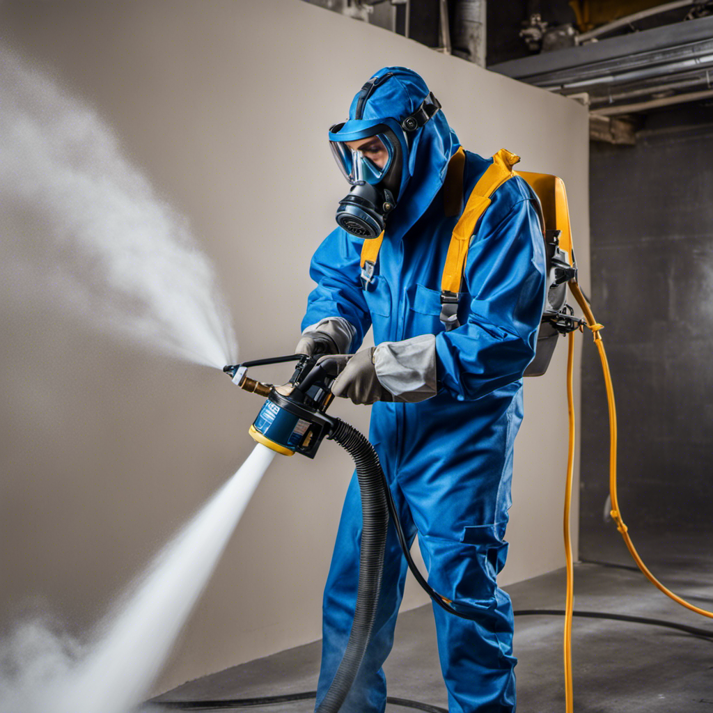 An image depicting a person wearing a full-face respirator, safety goggles, gloves, and a protective suit, while confidently operating an airless paint sprayer