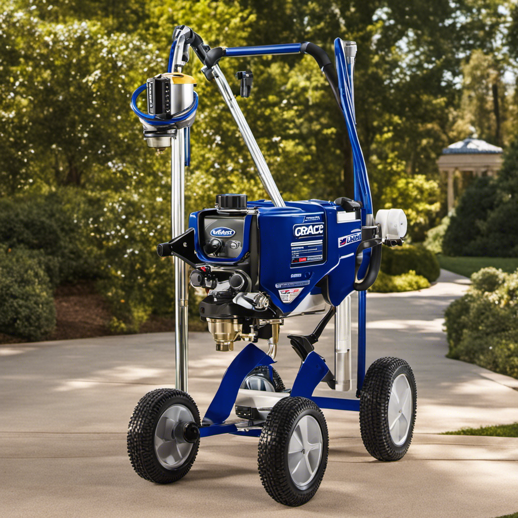 An image showcasing the Graco Magnum X7 Cart Airless Paint Sprayer in action, effortlessly coating a large surface area with smooth, even strokes
