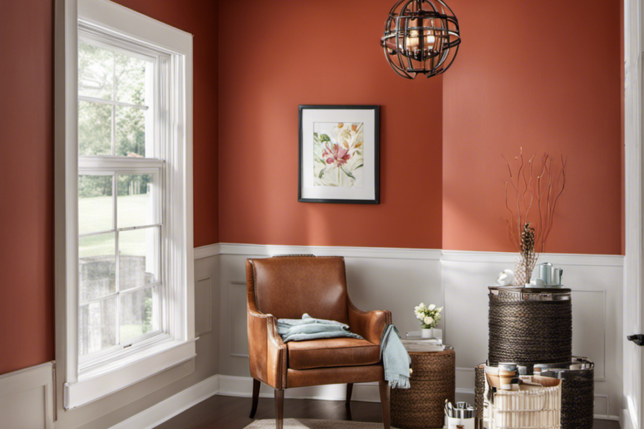 An image showcasing a beautifully painted room, with a homeowner confidently operating an airless paint sprayer, surrounded by neatly organized cans of paint, drop cloths, and brushes