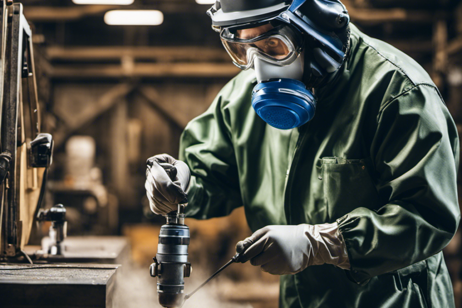 An image showcasing a well-ventilated workshop, with an artist wearing a respirator and protective goggles, meticulously spray painting a surface while following safety guidelines and compliance measures