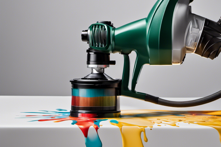 An image showcasing a close-up view of a used airless paint sprayer in action, releasing a smooth and even spray of paint onto a surface, highlighting its exceptional performance and functionality