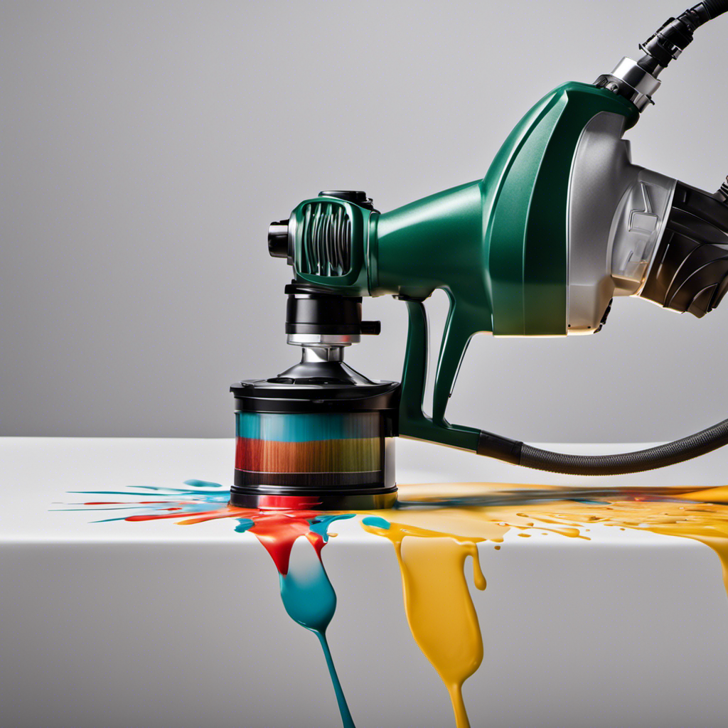 An image showcasing a close-up view of a used airless paint sprayer in action, releasing a smooth and even spray of paint onto a surface, highlighting its exceptional performance and functionality