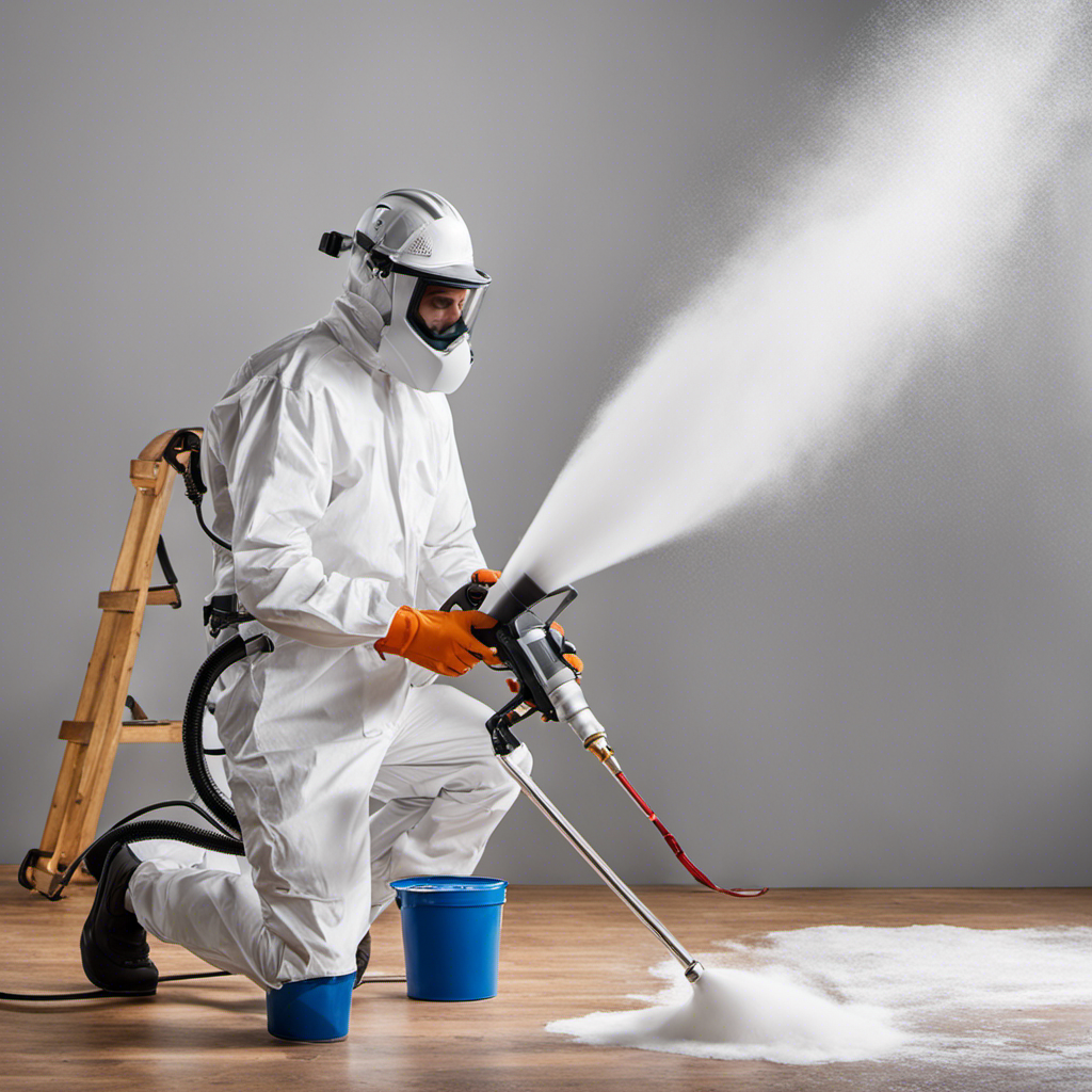 An image capturing the essence of a seamless paint job: a professional painter wearing protective gear, effortlessly operating an airless paint sprayer, with a durable hose, ensuring smooth, precise strokes