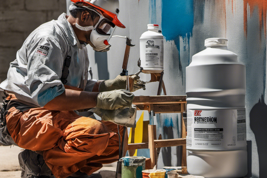 An image that showcases a hardworking painter, wearing protective gear, taking a refreshing break in the shade while their airless paint sprayer sits idle nearby, emphasizing the importance of rejuvenating oneself during painting sessions