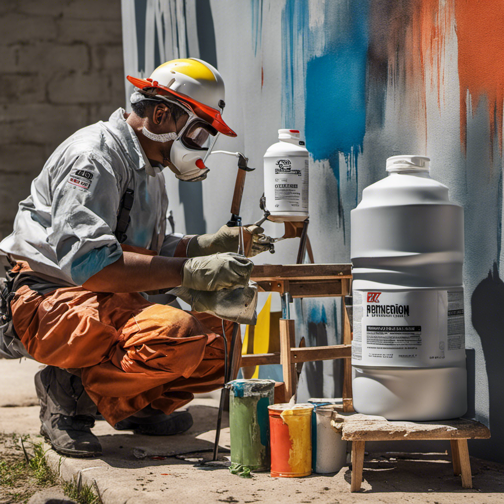 An image that showcases a hardworking painter, wearing protective gear, taking a refreshing break in the shade while their airless paint sprayer sits idle nearby, emphasizing the importance of rejuvenating oneself during painting sessions