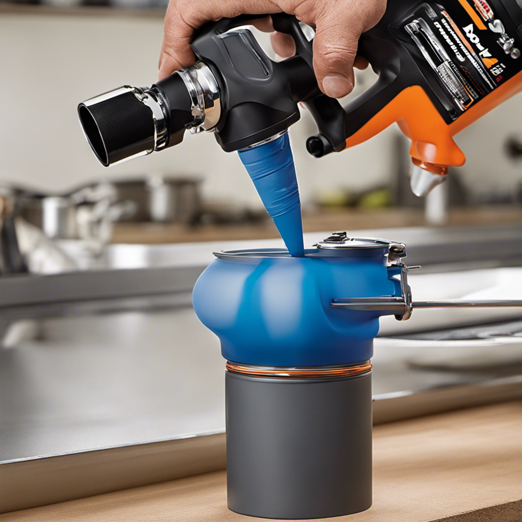 An image showcasing the versatile cup attachment for paint spraying: a high-tech nozzle fitted onto a paint gun, precisely coating intricate surfaces with ease