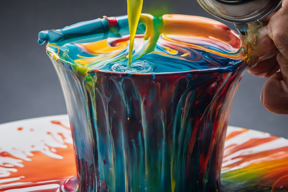 An image capturing the process of thinning acrylic paint: a hand delicately pouring a translucent liquid into a paint cup, while a spray gun hovers above, emitting a mist of paint particles, creating a smooth, ethereal texture