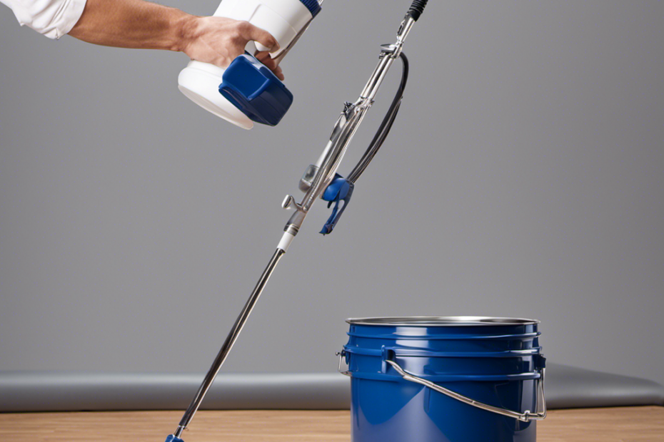 An image showcasing an airless sprayer with a paint bucket, demonstrating the precise mixing of latex paint and thinner, emphasizing the ideal consistency required for optimal performance