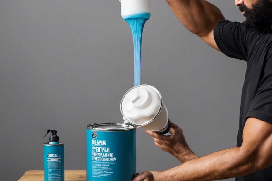 An image showcasing a hand pouring a precise ratio of water into a latex paint container, with an airless sprayer in the background