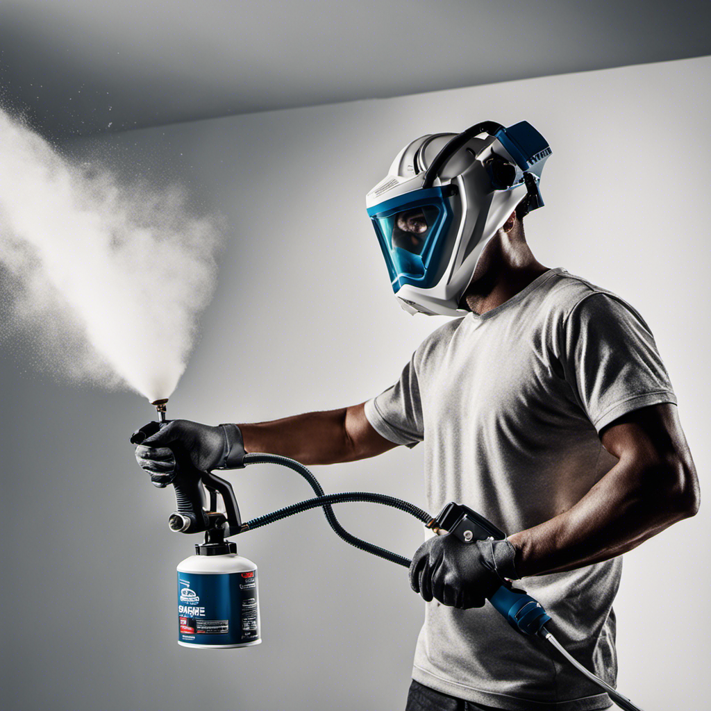 An image depicting a person effortlessly holding an airless paint sprayer, skillfully maneuvering it in smooth, sweeping motions, while a fine mist of paint uniformly coats a ceiling, showcasing the efficient and precise technique of using an airless paint sprayer