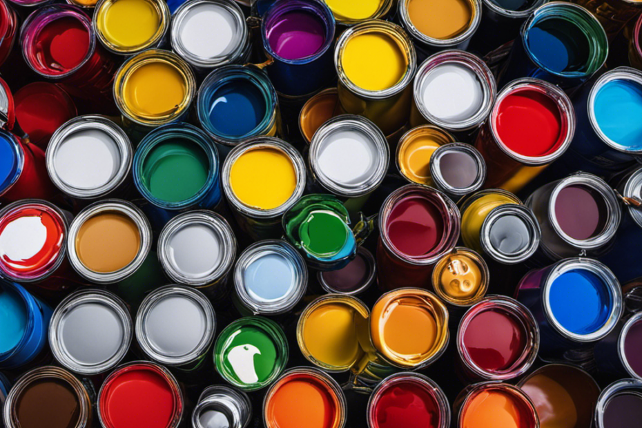 An image showcasing various paint cans labeled with vibrant colors and specific types: Latex, Acrylic, Oil-Based, Water-Based, and Enamel