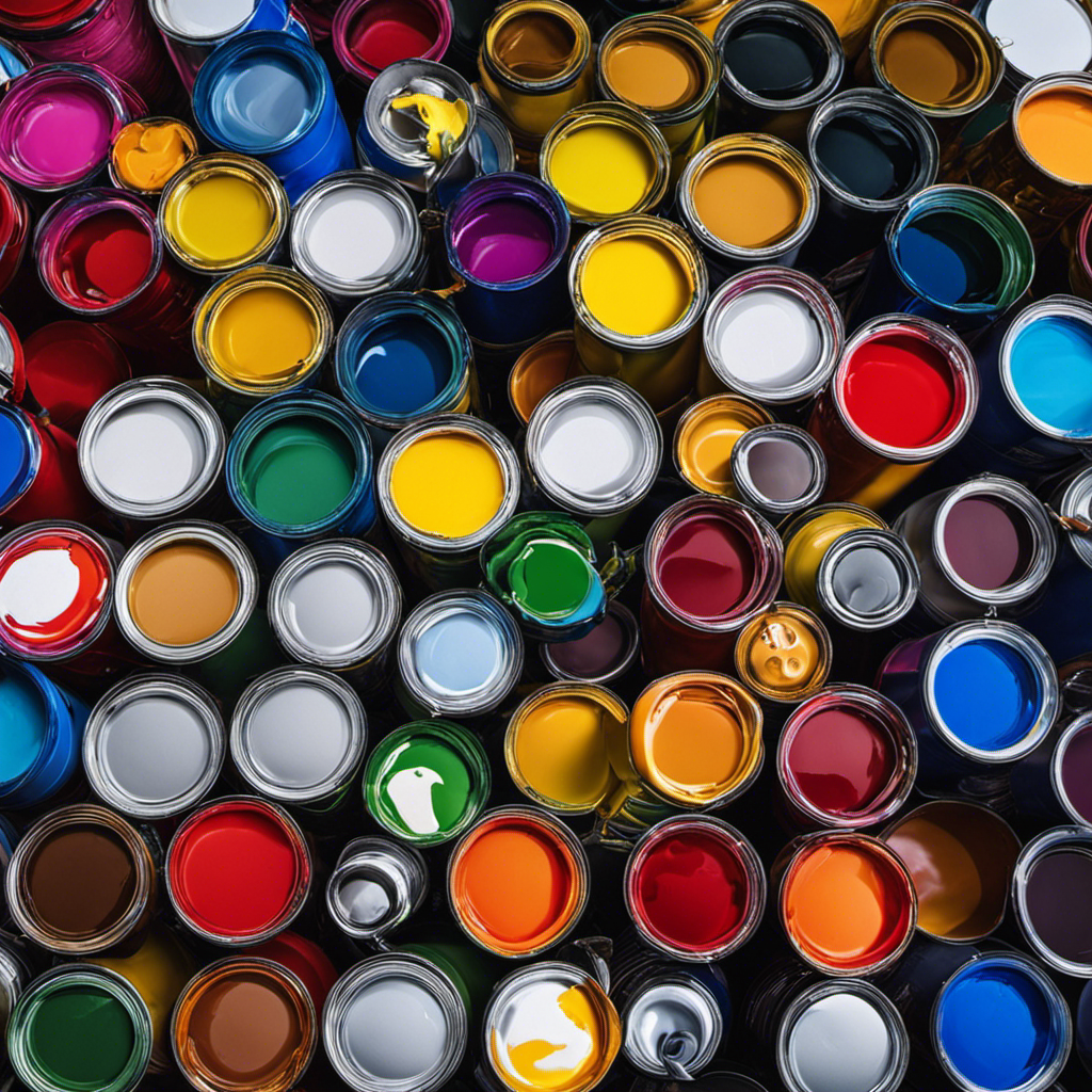 An image showcasing various paint cans labeled with vibrant colors and specific types: Latex, Acrylic, Oil-Based, Water-Based, and Enamel