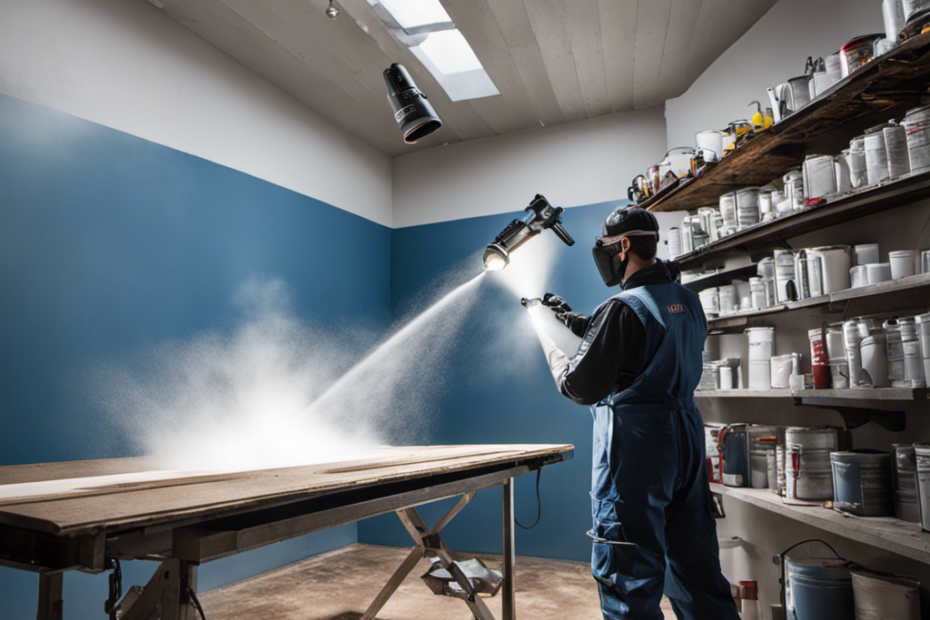 An image showcasing a well-lit workshop with a skilled painter wearing protective gear effortlessly operating a Krause & Becker Airless Paint Sprayer, surrounded by perfectly painted walls, showcasing the tool's precision and ease of use