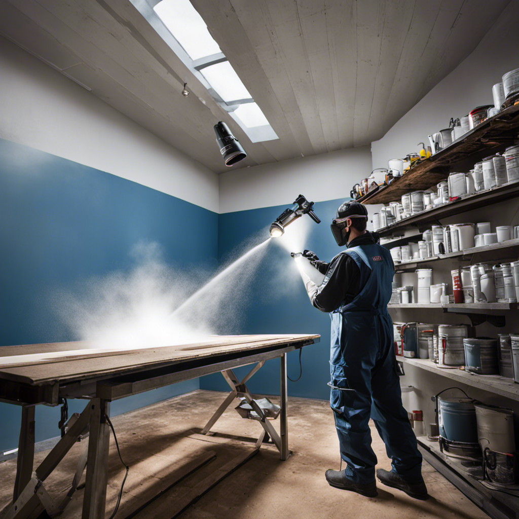 An image showcasing a well-lit workshop with a skilled painter wearing protective gear effortlessly operating a Krause & Becker Airless Paint Sprayer, surrounded by perfectly painted walls, showcasing the tool's precision and ease of use