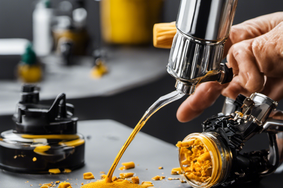 An image showcasing a paint sprayer nozzle being meticulously cleaned with a small brush, surrounded by disassembled parts immersed in a cleaning solution