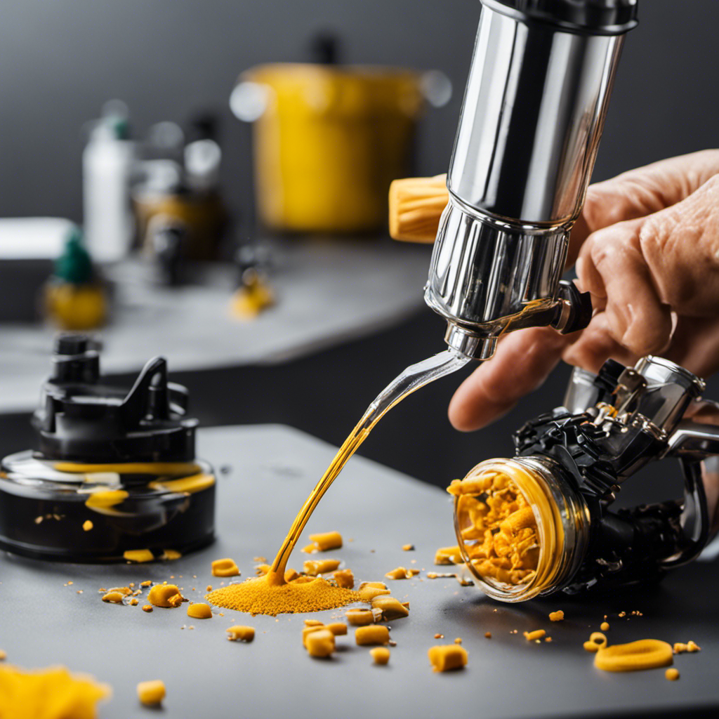 An image showcasing a paint sprayer nozzle being meticulously cleaned with a small brush, surrounded by disassembled parts immersed in a cleaning solution