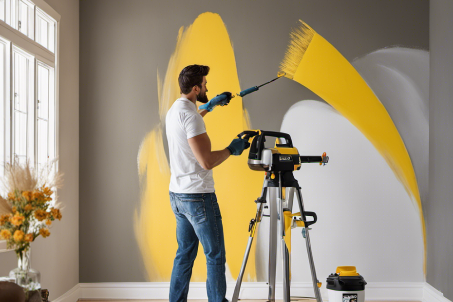 An image showcasing a professional painter effortlessly using a cordless paint sprayer, surrounded by a neatly painted room