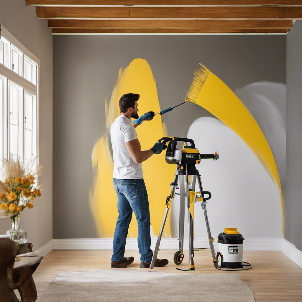 An image showcasing a professional painter effortlessly using a cordless paint sprayer, surrounded by a neatly painted room