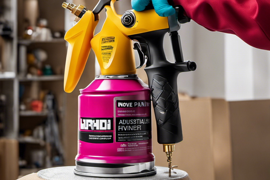 An image featuring a close-up of a hand effortlessly spraying a vibrant coat of paint onto a smooth surface, showcasing the HVLP paint sprayer's adjustable nozzle, powerful precision, and versatility
