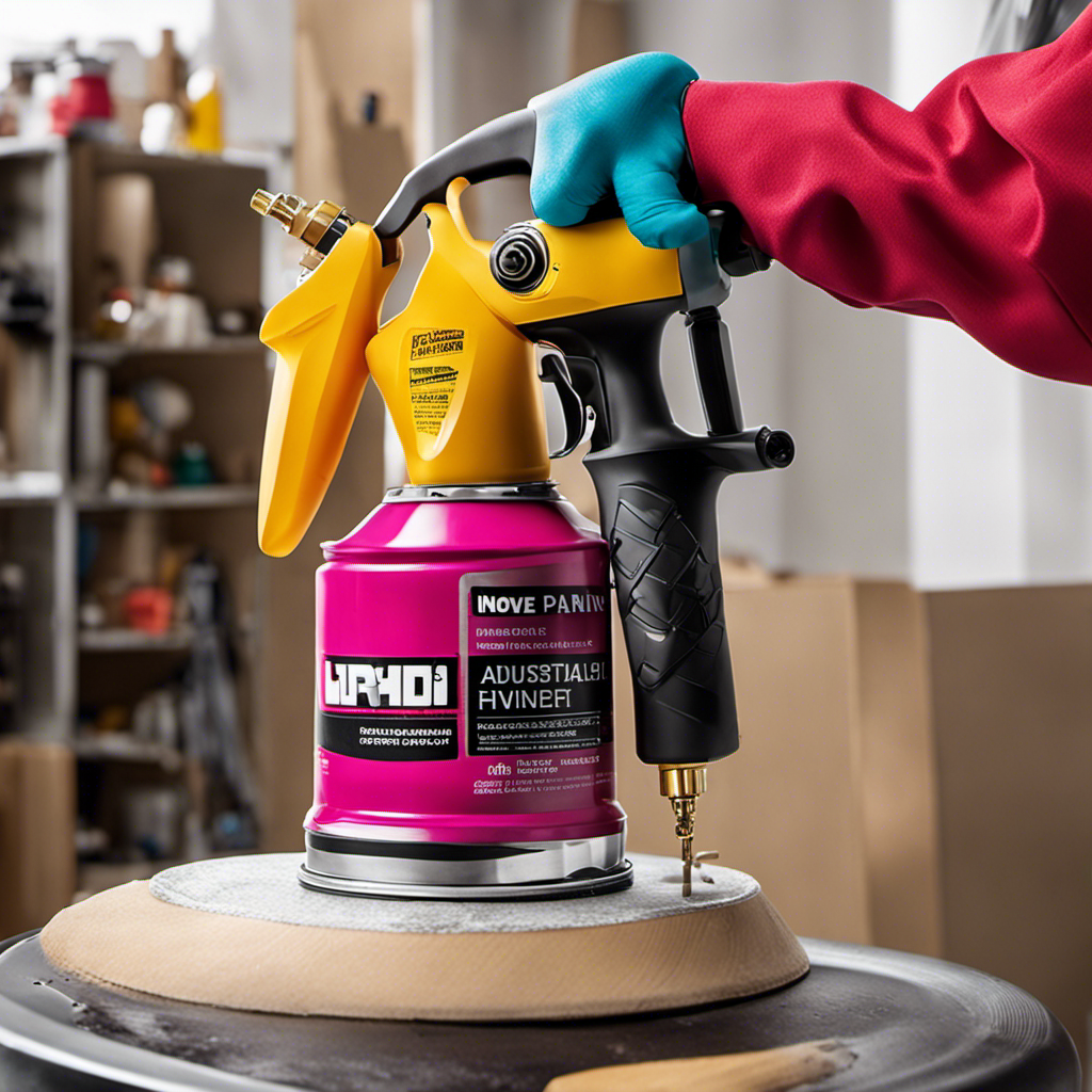 An image featuring a close-up of a hand effortlessly spraying a vibrant coat of paint onto a smooth surface, showcasing the HVLP paint sprayer's adjustable nozzle, powerful precision, and versatility