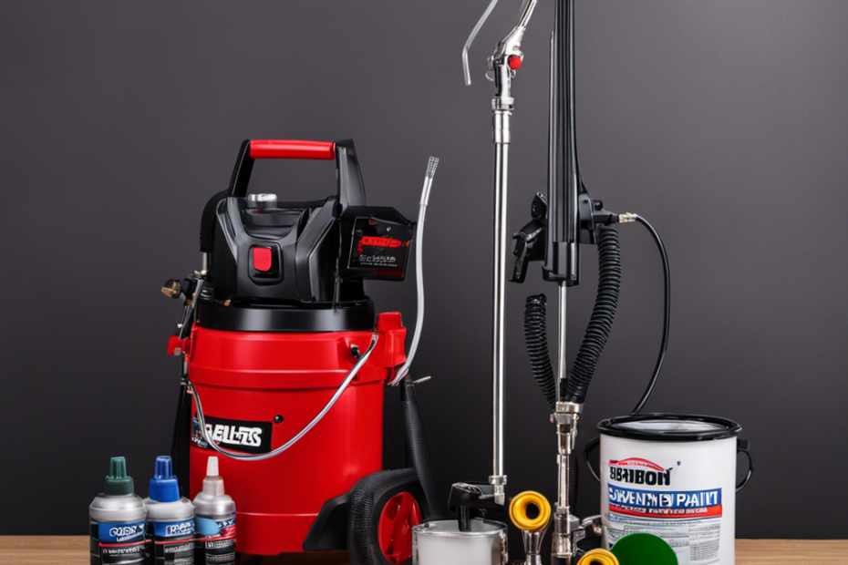An image showcasing an airless paint sprayer, surrounded by essential accessories such as a pressure regulator, spray gun, hose, and a paint bucket with a strainer, for a comprehensive blog post on the necessary equipment to use with an airless paint sprayer