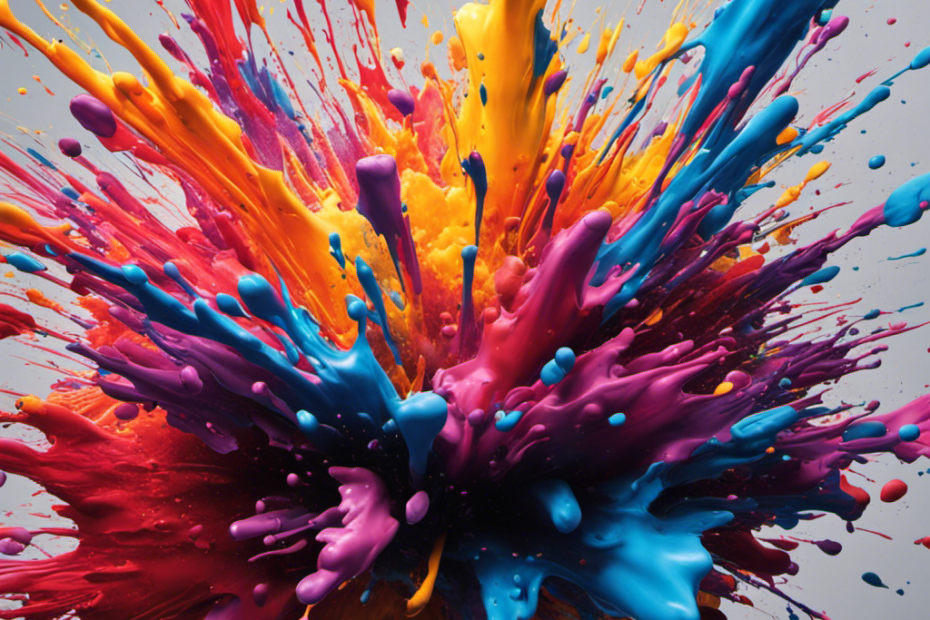 An image that captures the aftermath of being hit by an airless paint sprayer: a splatter of vibrant paint splashes against a surface, leaving a chaotic explosion of color suspended mid-air, frozen in time