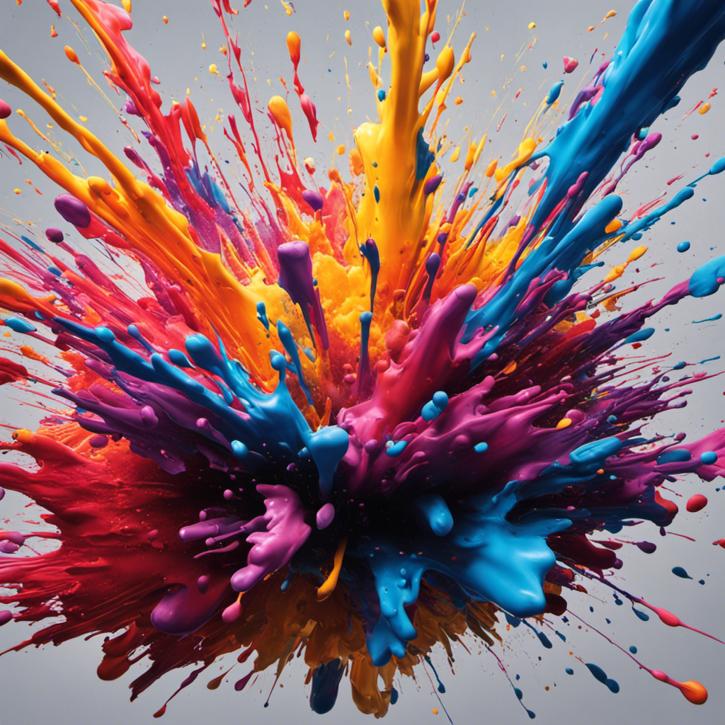 An image that captures the aftermath of being hit by an airless paint sprayer: a splatter of vibrant paint splashes against a surface, leaving a chaotic explosion of color suspended mid-air, frozen in time