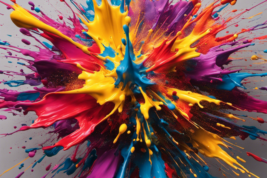 An image that captures the aftermath of being hit by an airless paint sprayer: a splatter of vibrant paint splashes against a surface, leaving a chaotic explosion of color suspended mid-air, frozen in time