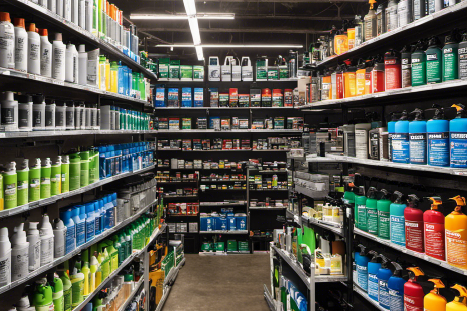 An image showcasing a well-lit hardware store aisle with neatly arranged shelves, displaying a range of Campbell Hausfeld airless house paint sprayers in various sizes and models, inviting readers to explore their options